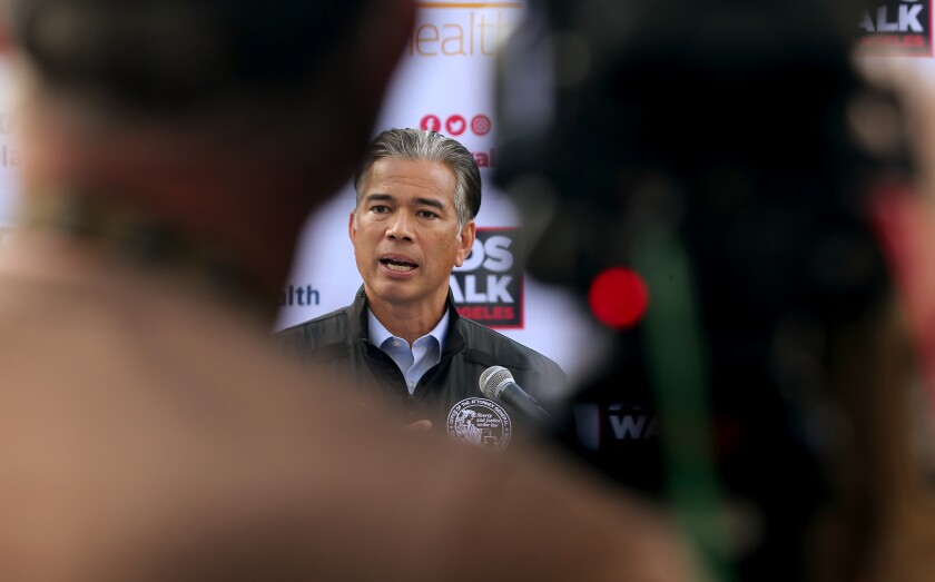 California Attorney General Rob Bonta speaks at a lectern