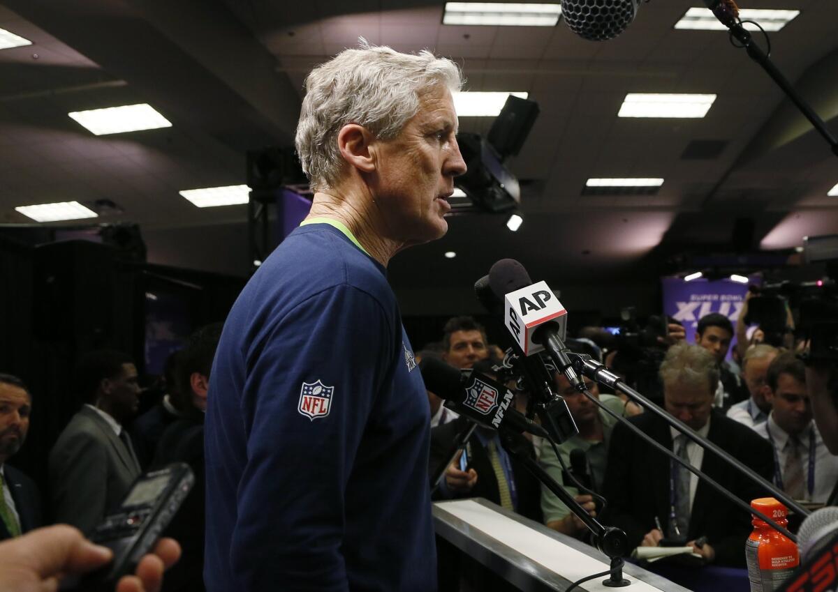 Seattle Coach Pete Carroll addresses the media following Super Bowl XLIX in Glendale, Ariz., on Feb. 1.