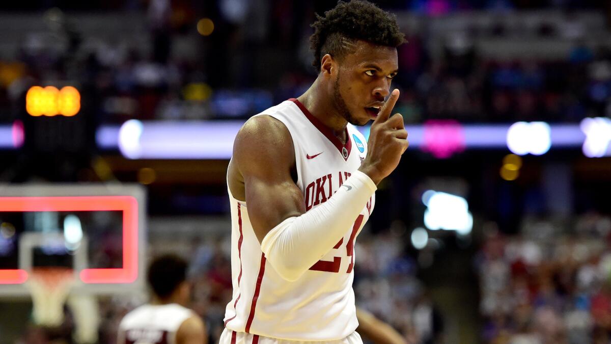 Oklahoma's Buddy Hield reacts after the Sooners finished off a 77-63 victory over Texas A&M on Thursday night.