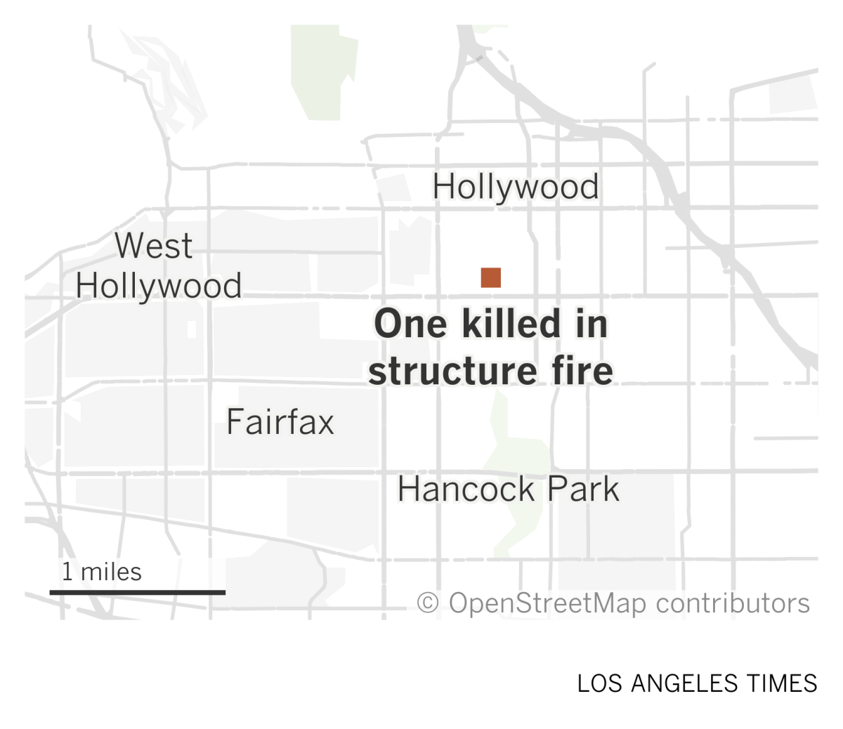 A map of central Los Angeles shows the location of a structure fire in Hollywood that left one person dead