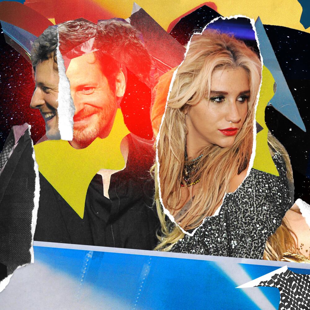 Torn photos showing Dr. Luke, left, and Kesha