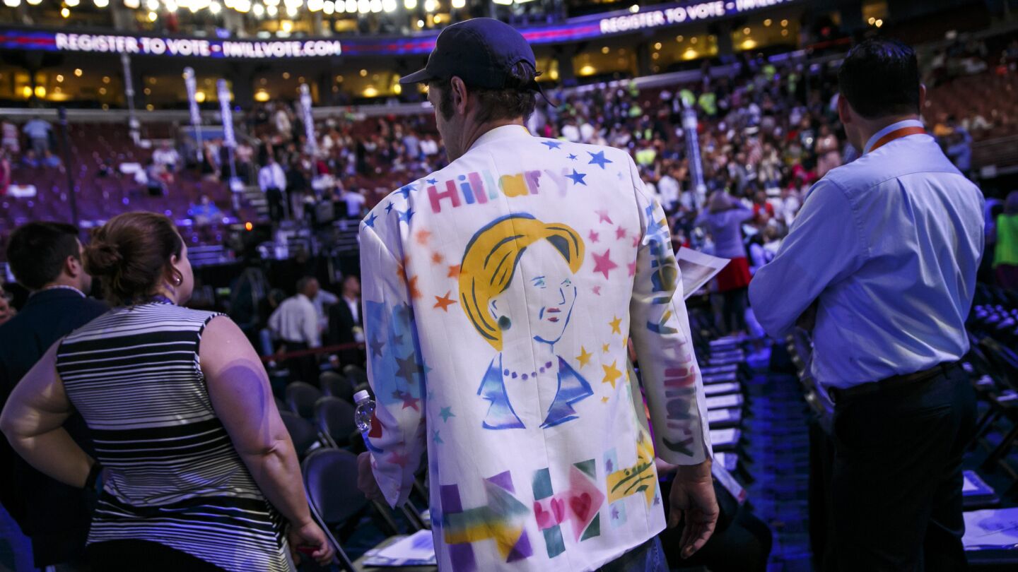John West wears a suit with a picture of Hillary Clinton on the back at the 2016 Democratic National Convention in Philadelphia.