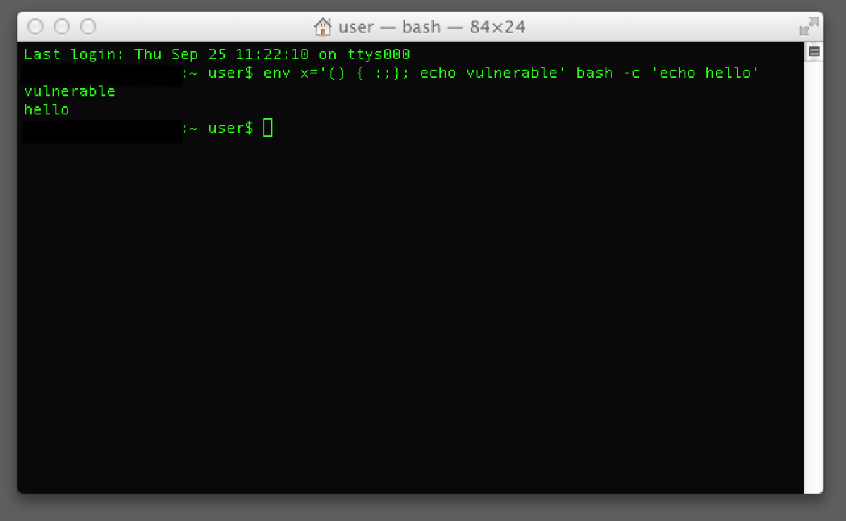 The Bash software running on a Mac Pro reads that it is "vulnerable" when prompted by a command.
