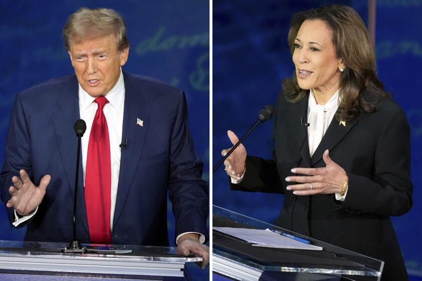 This combination of photos shows Republican presidential nominee former President Donald Trump, left, and Democratic presidential nominee Vice President Kamala Harris during an ABC News presidential debate at the National Constitution Center, Tuesday, Sept. 10, 2024, in Philadelphia. (AP Photo/Alex Brandon)