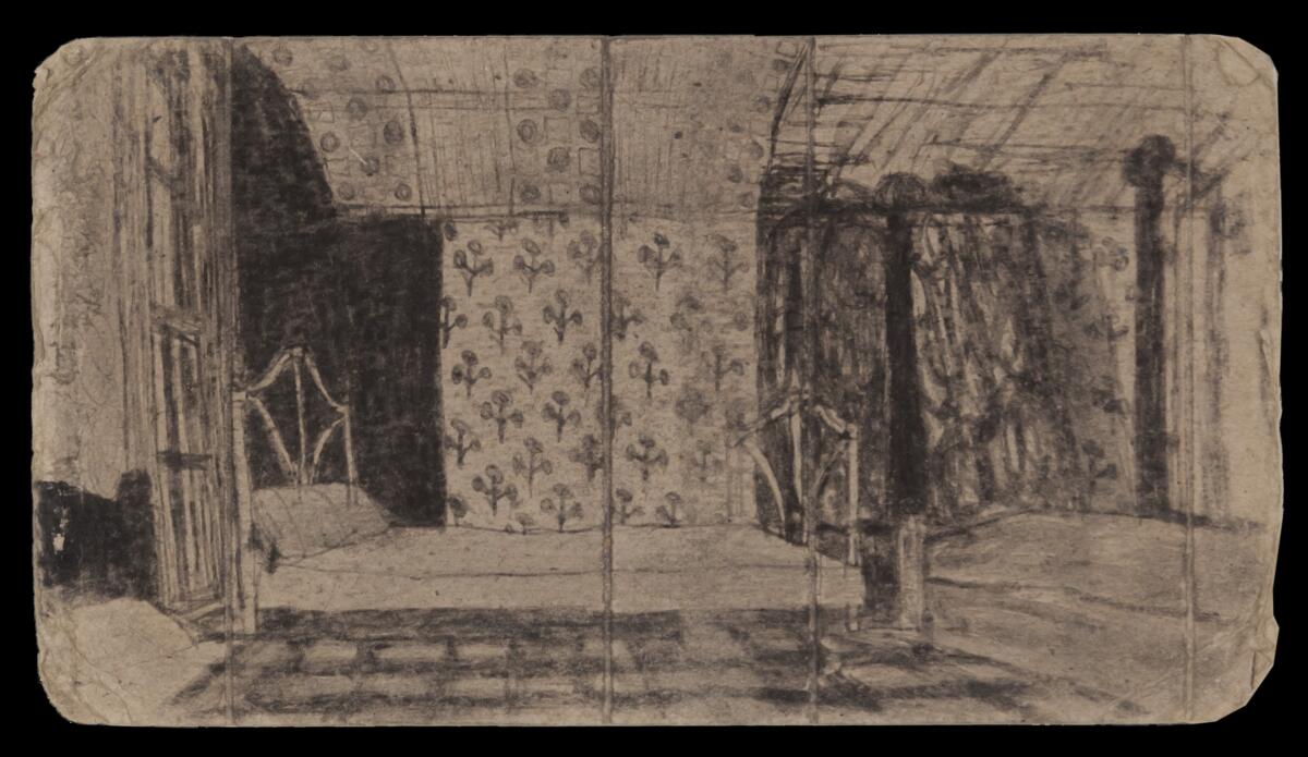 James Castle, "View of Bedroom," n.d., soot and wash