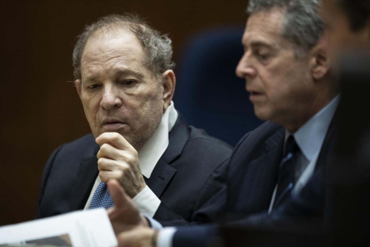 Harvey Weinstein, left, and attorney Mark Werksman seated in a courtroom