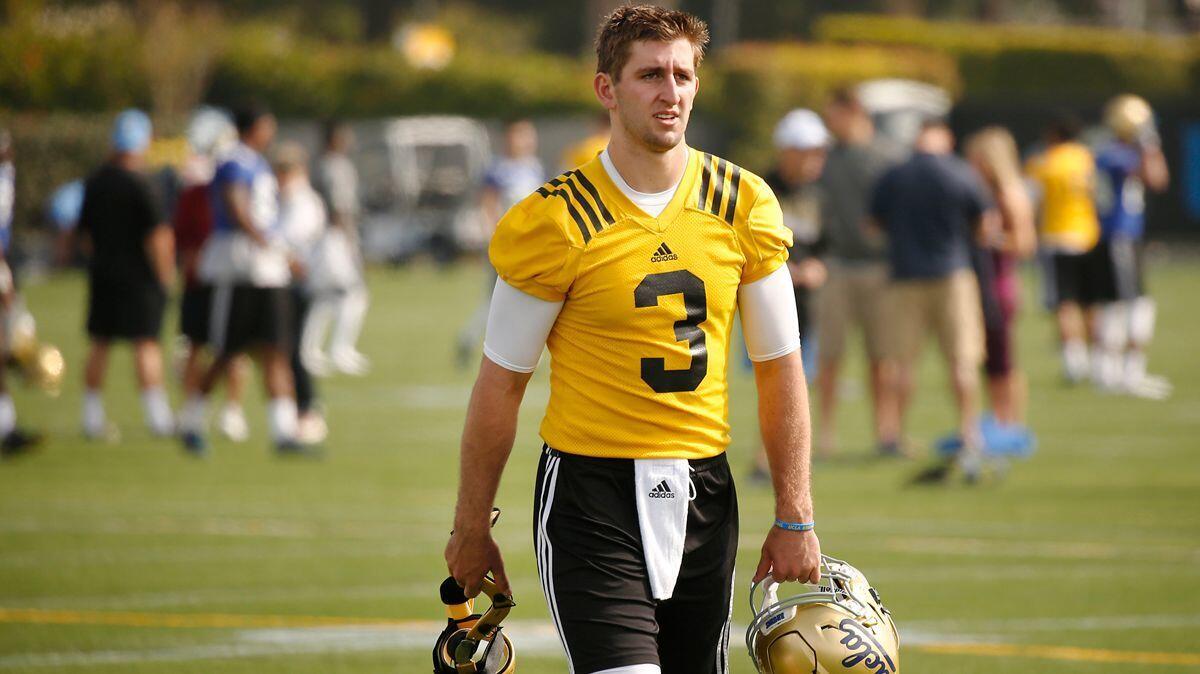 UCLA quarterback Josh Rosen departs the field after a spring practice on campus on April 6.