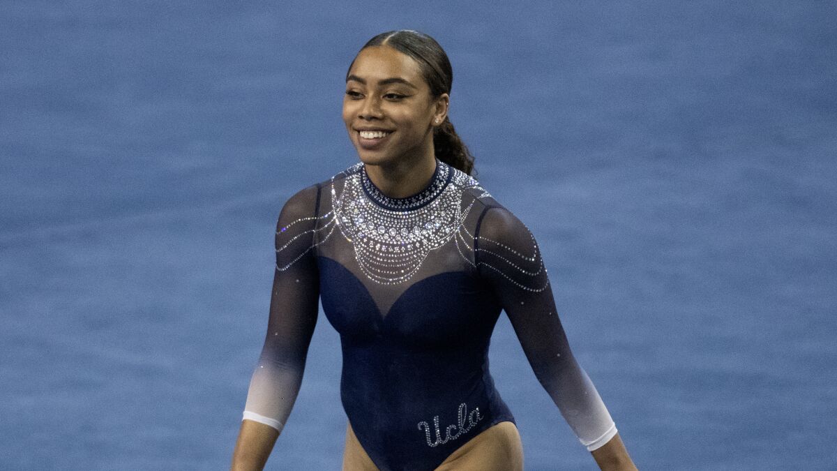 UCLA's Margzetta Frazier competes on the floor during a meet against Arizona State on Jan. 23, 2021, in Los Angeles.