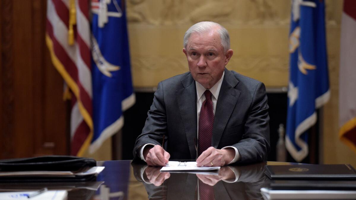 Attorney General Jeff Sessions holds a meeting with the heads of federal law enforcement components at the Department of Justice in Washington on Feb. 9.