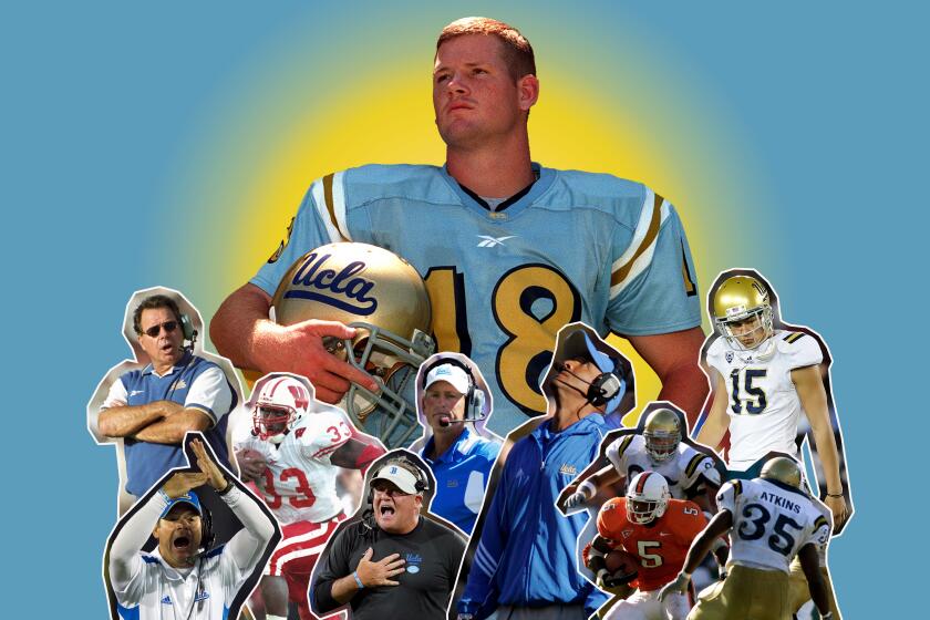 Photo illustration highlighting ex-UCLA quarterback Cade McNown and the Bruins' struggles since their 1998 win over USC