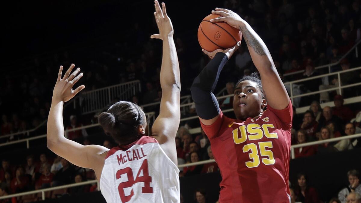 Forward Kristen Simon, shown during a game against Stanford earlier this season, had 17 points in USC's loss to California on Thursday.