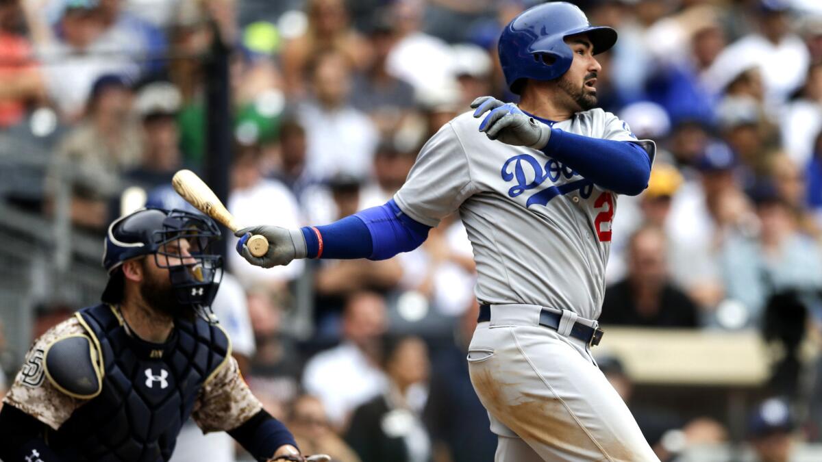 Dodgers first baseman Adrian Gonzalez connects for a two-run single against the Padres in the 12th inning Sunday in San Diego.