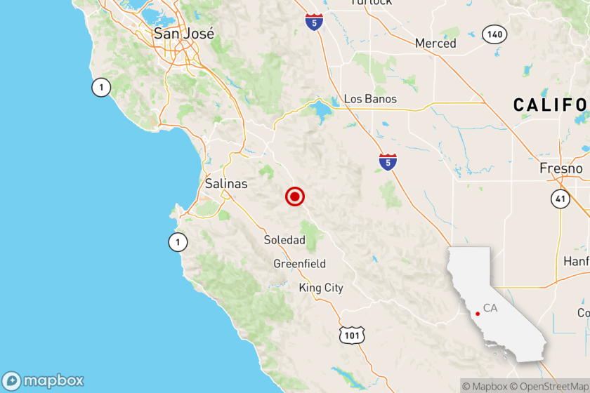 Map of Northern California showing epicenter of earthquake near Hollister