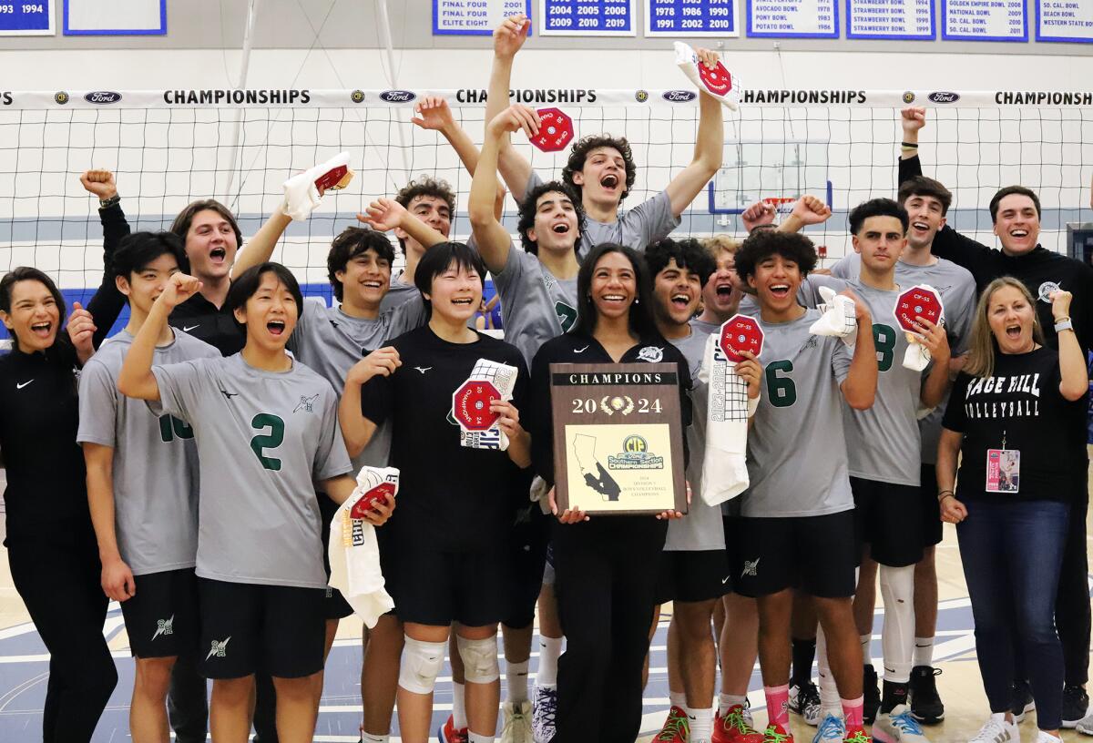The Sage Hill boys' volleyball team celebrates after winning the CIF Division 5 final against San Marino.
