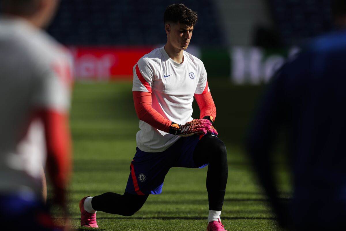 Chelsea's goalkeeper Kepa Arrizabalaga stretches during a training session ahead of the Champions League final match at the Dragao stadium in Porto, Portugal, Friday, May 28, 2021. Chelsea and Manchester City will play the Champions League final on Saturday. (AP Photo/Manu Fernandez)