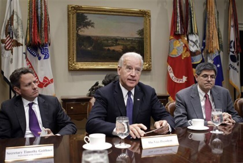 In this photo taken Dec. 3, 2010, Vice President Joe Biden makes a statement to reporters during a meeting with Treasury Secretary Timothy Geithner and Office of Management and Budget Director Jack Lew in the Roosevelt Room of the White House on tax policy negotiations on Capitol Hill. Biden is to begin leading a series of bipartisan talks this week in May 2011 on reducing the debt. The Gang of Six, three Republican and three Democrat senators, who want to to trim federal deficits with benefit cuts and higher taxes, wants its plan to be part of the discussion. (AP Photo/Charles Dharapak, File)