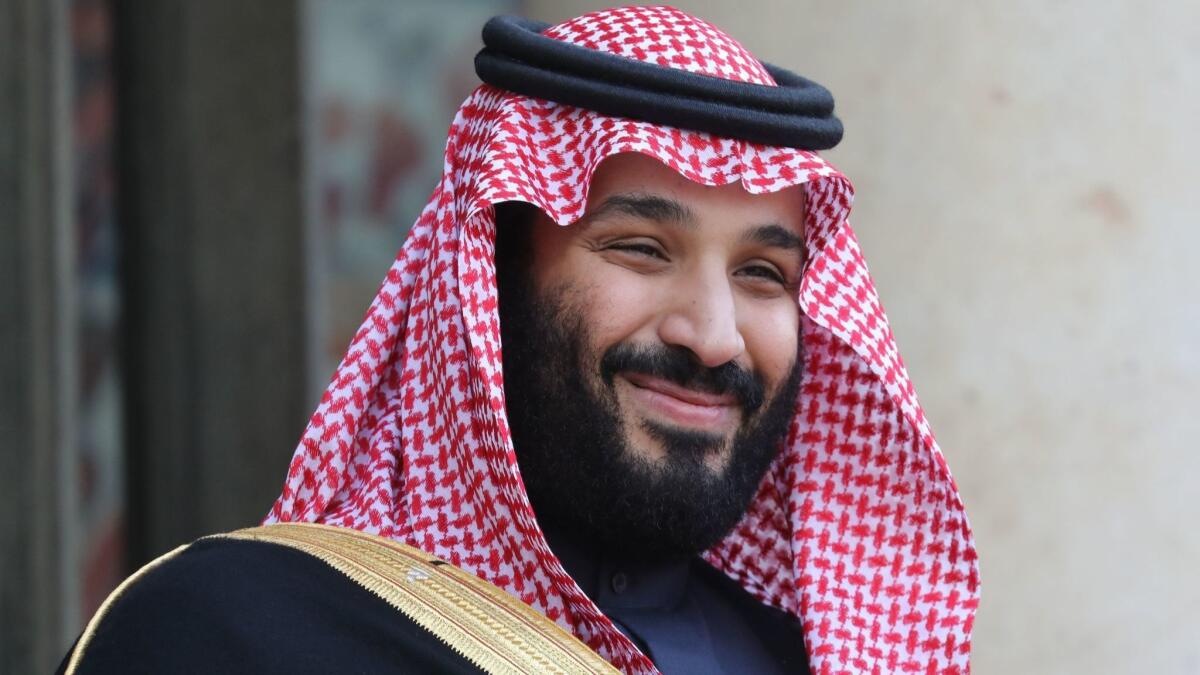 Saudi Arabia's Crown Prince Mohammed bin Salman arrives at the Elysee Presidential palace on April 10 in Paris.
