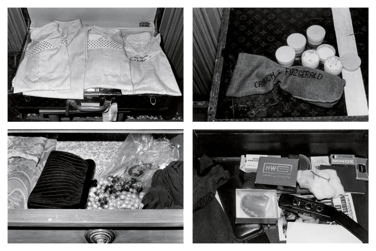 Four black-and-white photos showing things in hotel rooms: clothing, pill bottles, etc.