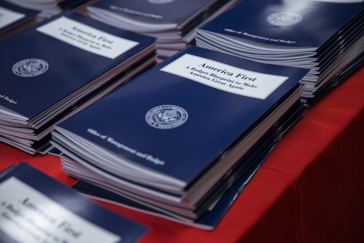 Copies of President Trump's America budget are seen in Washington, D.C.