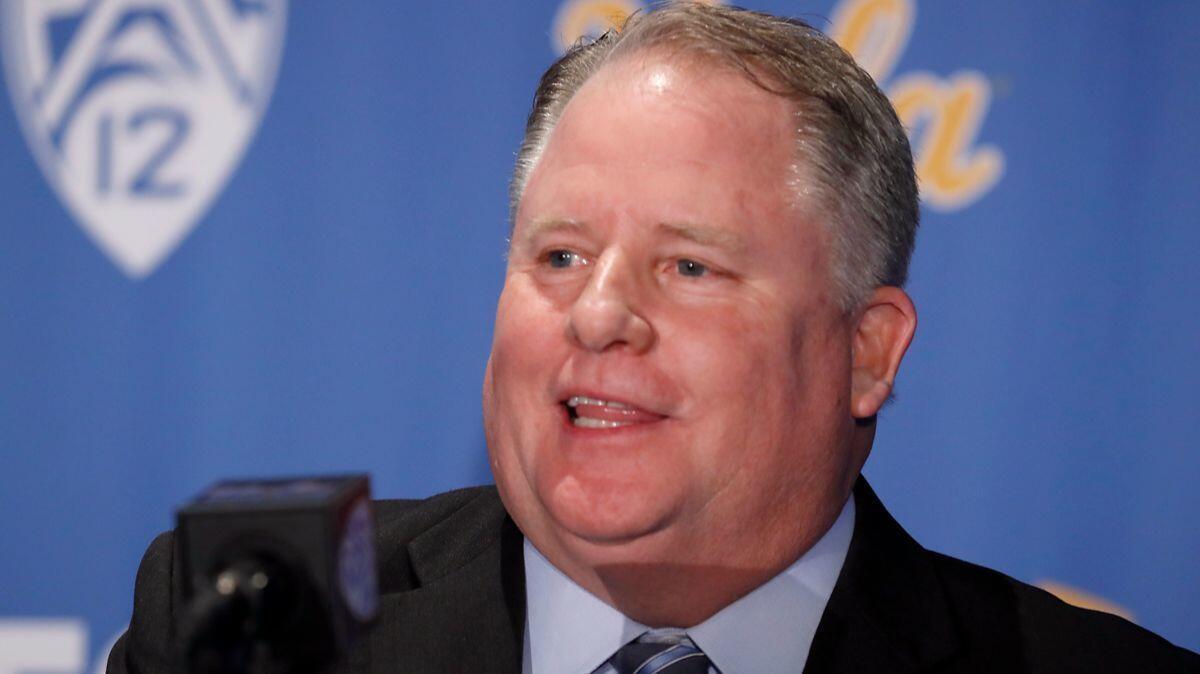 UCLA football coach Chip Kelly meets with reporters during a news conference on Nov. 27, 2017, at Pauley Pavilion in Westwood.