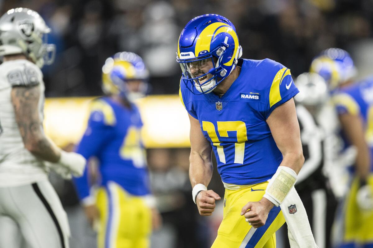 Rams quarterback Baker Mayfield reacts on his touchdown pass against the Las Vegas Raiders.