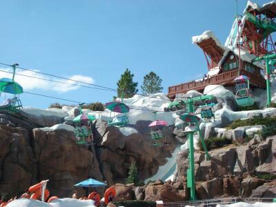 A chairlift at Disney's Blizzard Beach offers great views on the way to the top of Mt. Gushmore.