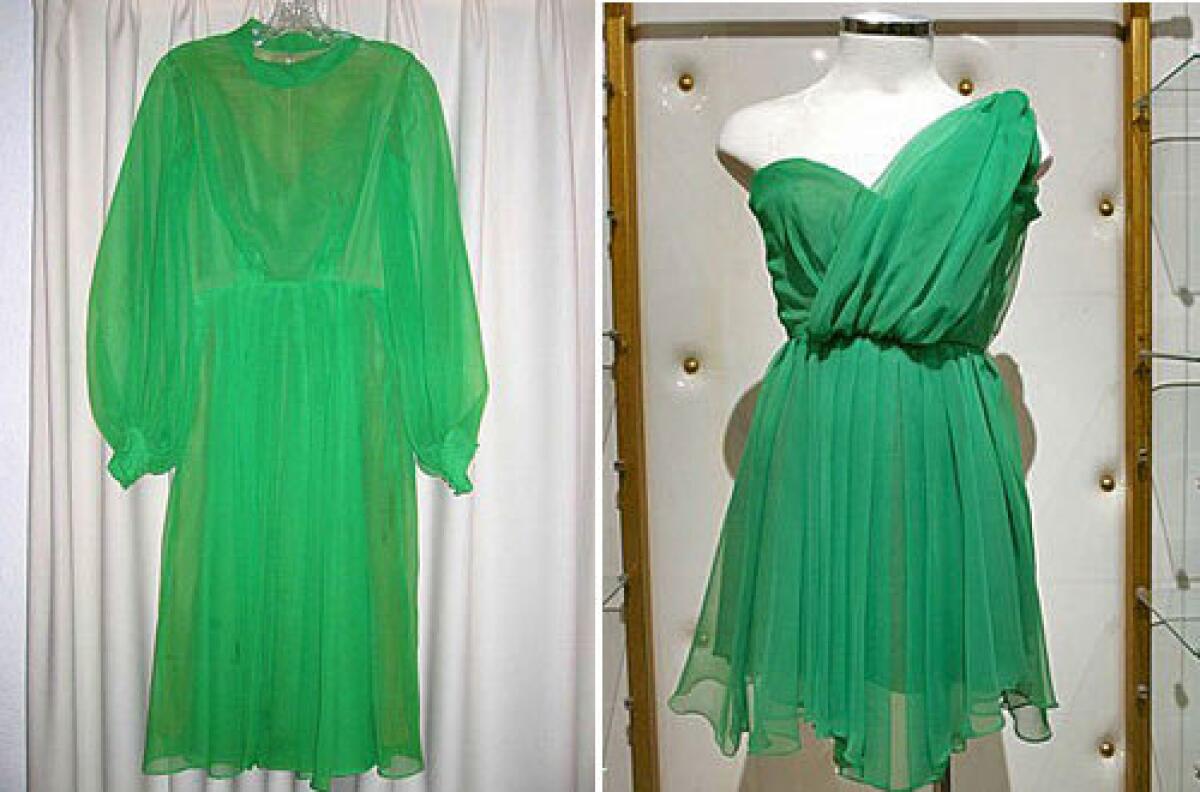 GREEN: Current/Elliott turned a 1960s nylon chiffon dress, left, into a Grecian one-shoulder mini.