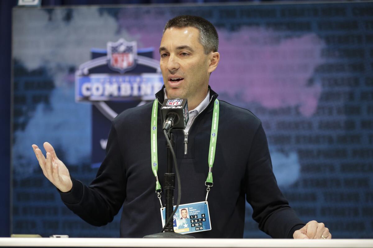 Los Angeles Chargers general manager Tom Telesco speaks during a press conference