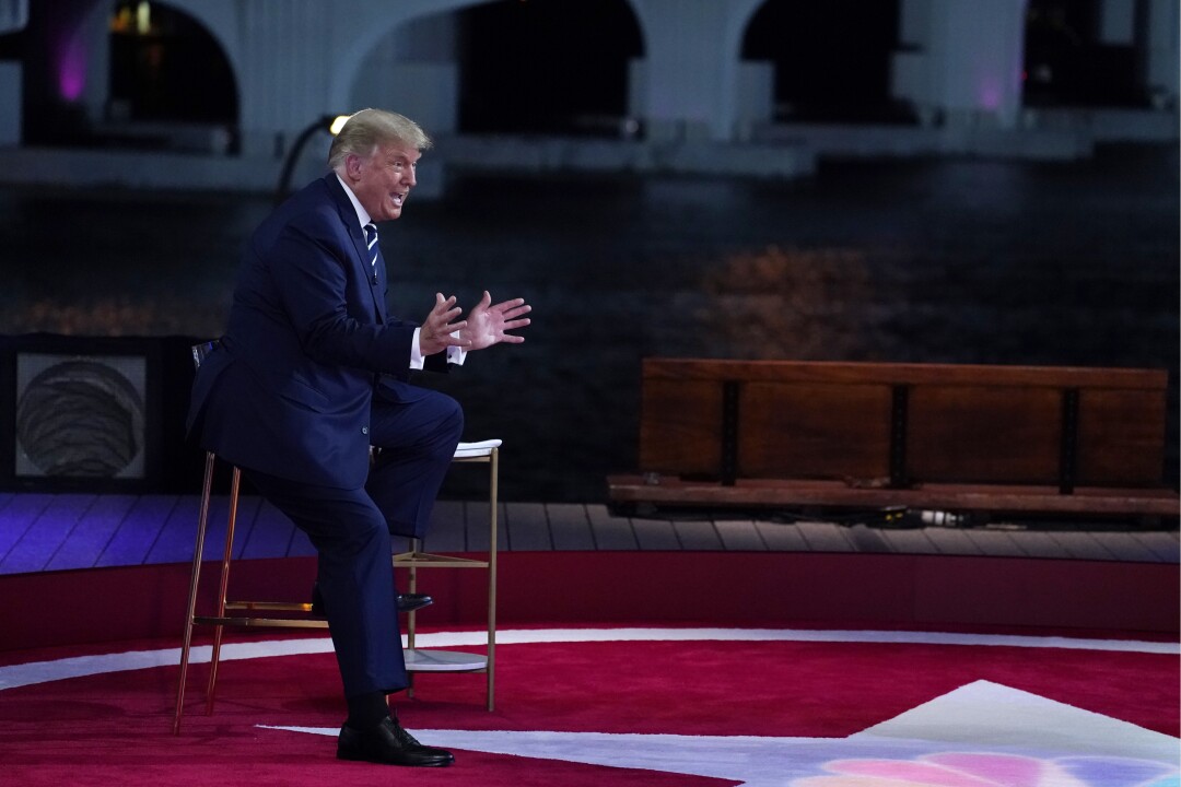 President Trump gestures with both arms while speaking at town hall