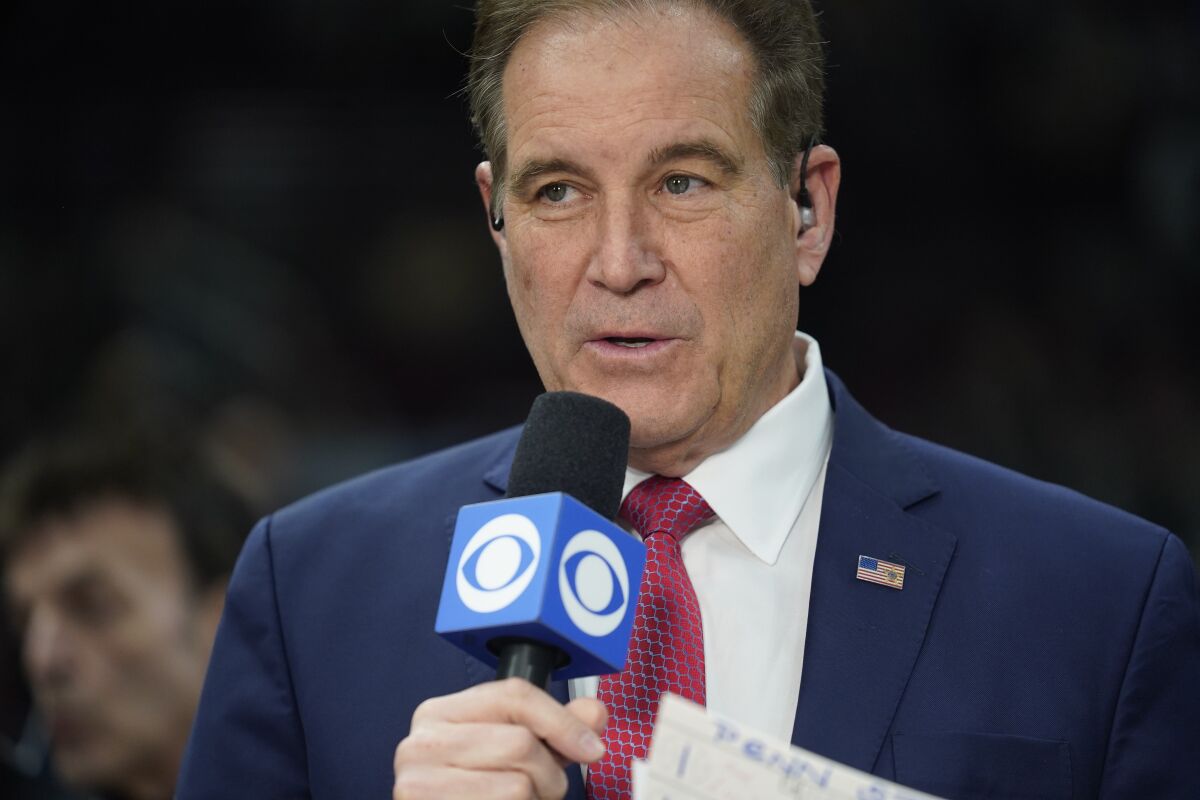 CBS announcer Jim Nantz begins the broadcast of an NCAA college basketball game.