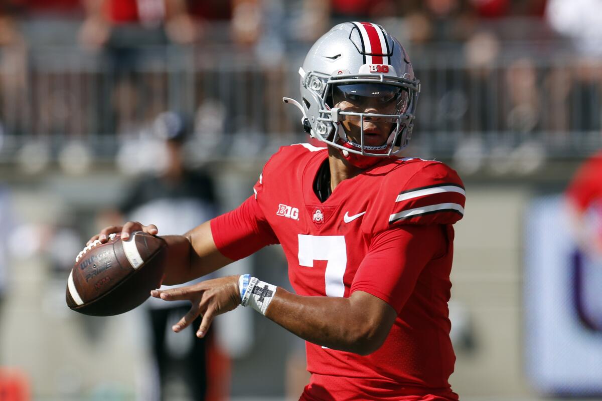 Ohio State quarterback CJ Stroud drops back to pass against Maryland on Oct. 9, 2021.