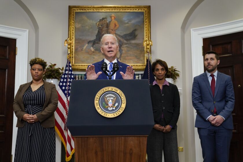 President Joe Biden speaks in the Roosevelt Room of the White House, Wednesday, May 4, 2022, in Washington. From left, Office of Management and Budget Director Shalanda Young, Biden, Cecilia Rouse, chair of the Council of Economic Advisersand Brian Deese, Assistant to the President and Director of the National Economic Council.(AP Photo/Evan Vucci)