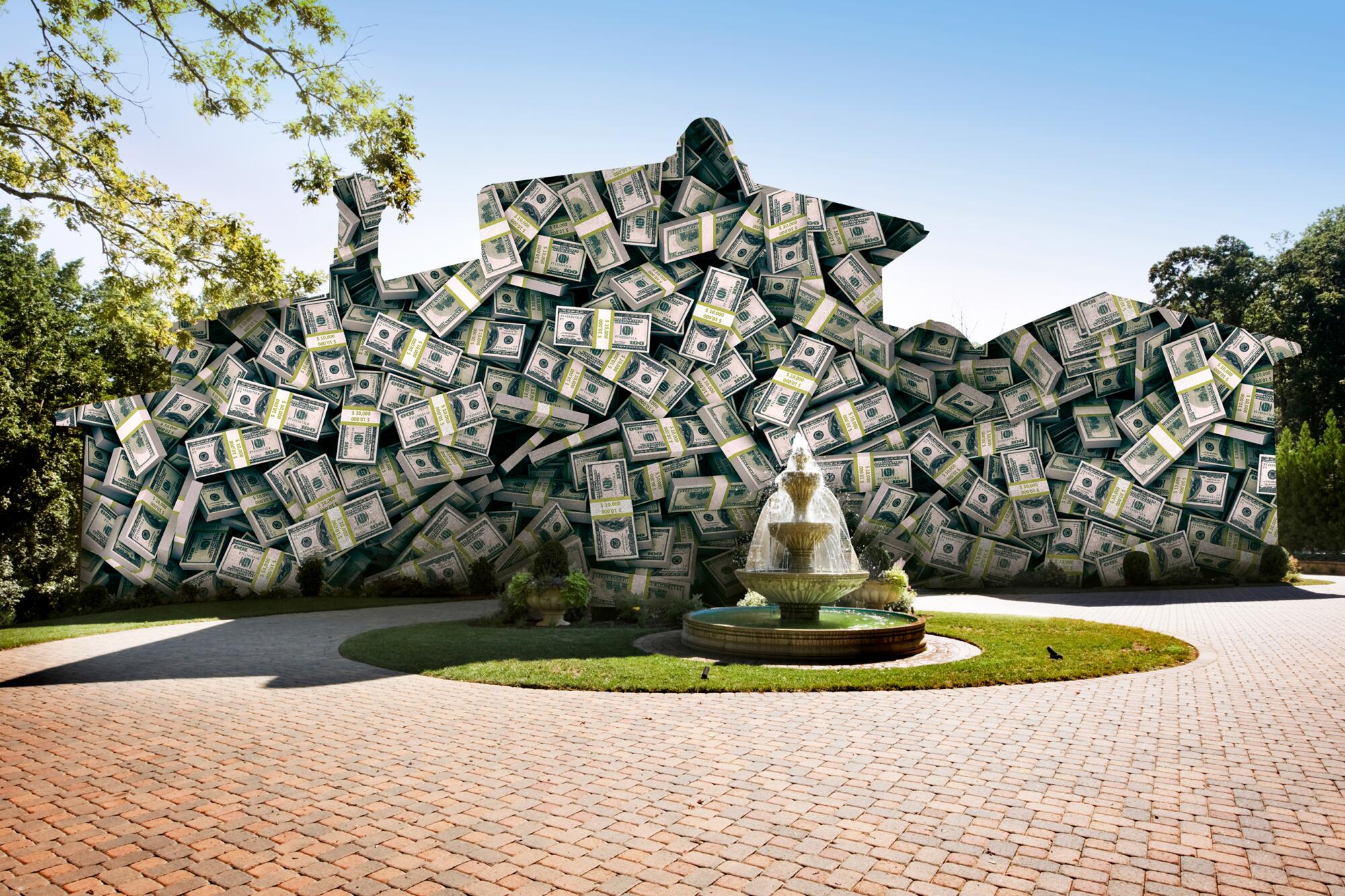 Photo illustration of a mansion formed by many bundles of $100 bills.