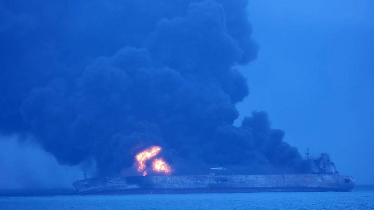 The Panamanian-flagged tanker Sanchi ablaze after colliding with a freighter off China.