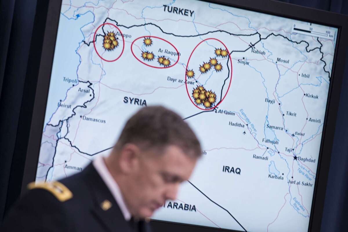 Lt. Gen. William Mayville, director of operations for the Joint Chiefs of Staff, speaks about the airstrikes in Syria at a Pentagon briefing Sept. 23. The targets included installations used by the Khorasan Group.