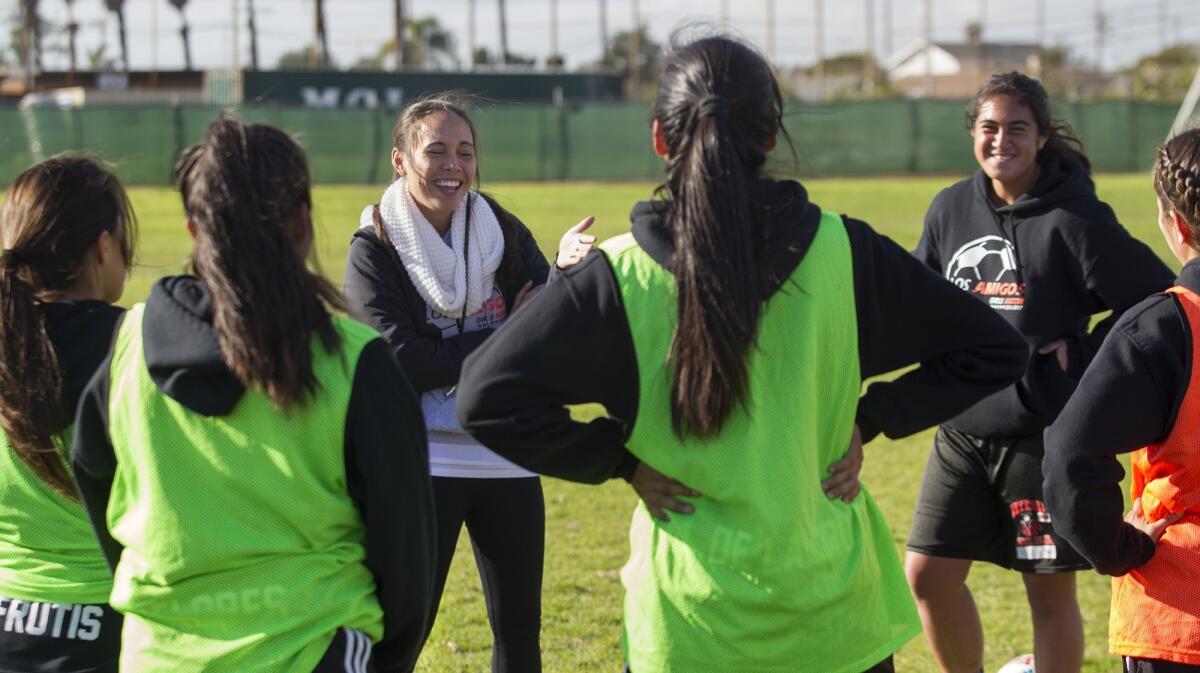 Los Amigos High coach Cassidy Abad, pictured here on Jan. 24, 2017, has led the girls' soccer program to its first CIF Southern Section semifinal playoff appearance.