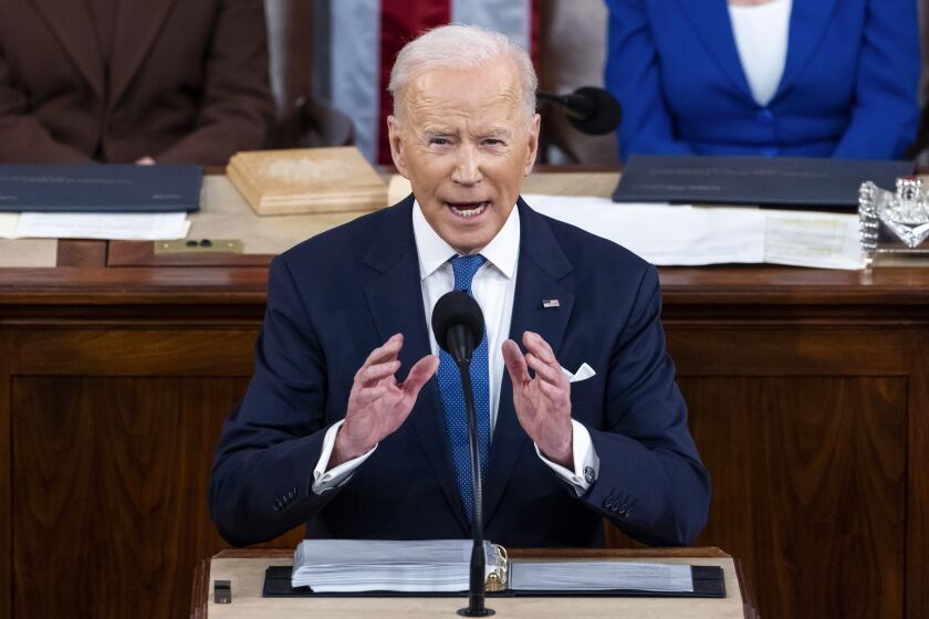 FILE - President Joe Biden delivers his first State of the Union address to a joint session of Congress at the Capitol, March 1, 2022, in Washington. (Jim Lo Scalzo/Pool via AP, File)