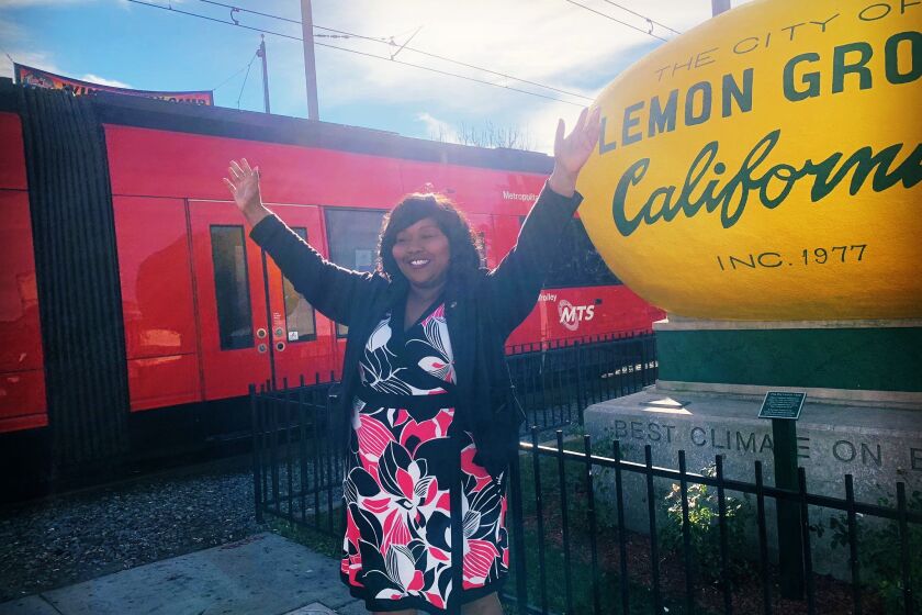 Lemon Grove Mayor Racquel Vasquez at the city's iconic lemon.