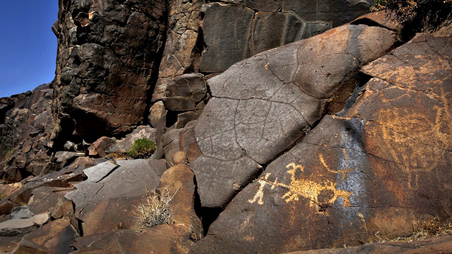 Some of the thousands of petroglyphs lining the walls of Little Petroglyph Canyon, which is in a restricted area of China Lake Naval Air Weapons Station.
