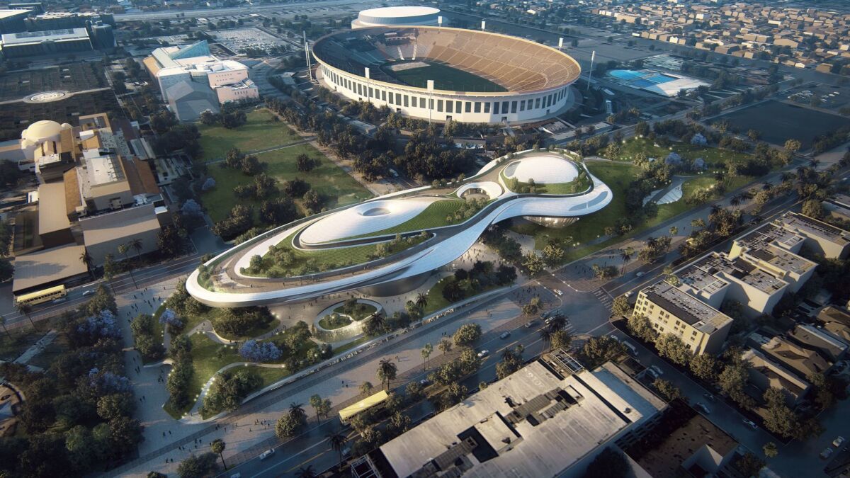 A rendering of Ma Yansong's design for the Lucas Museum of Narrative Art at Exposition Park.