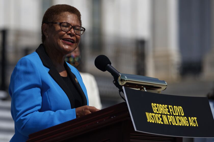Rep. Karen Bass, D-Calif., speaks during a news conference on the House East Front Steps on Capitol Hill in Washington, Thursday, June 25, 2020, ahead of the House vote on the George Floyd Justice in Policing Act of 2020. (AP Photo/Carolyn Kaster)