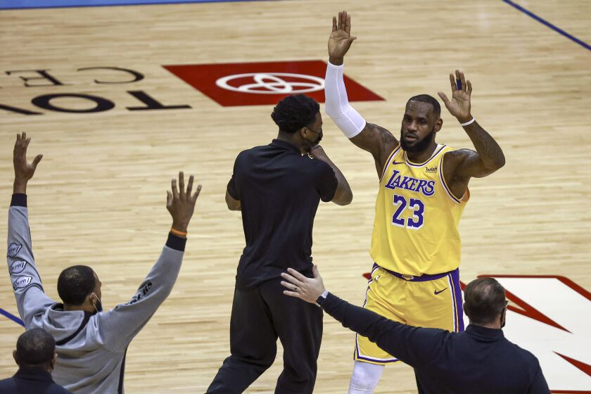 The Lakers' LeBron James reacts after a play against the Rockets on Jan. 21, 2021, in Houston.