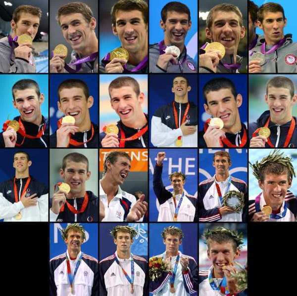 Michael Phelps shown with the 22 medals (18 gold, 2 silver, 2 bronze) he won during the Olympic Games in Athens, Beijing and London.