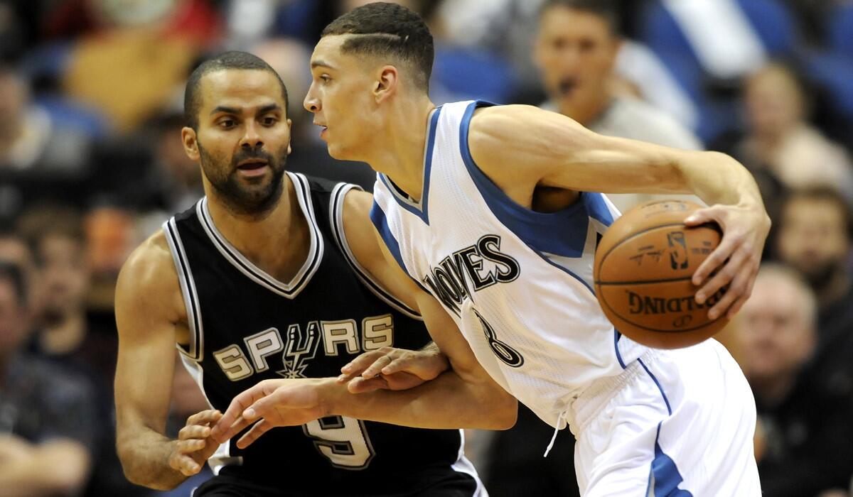Timberwolves rookie Zach LaVine, driving against the Spurs' Tony Parker last week, is the only point guard available for Minnesota on Friday against the Lakers.