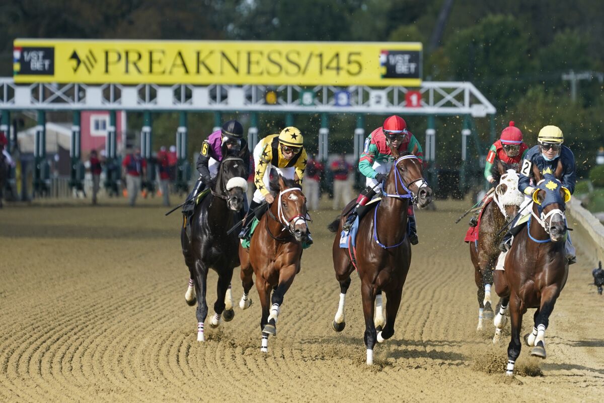 The field heads to the first turn during a horse race at Pimlico race track on Friday.