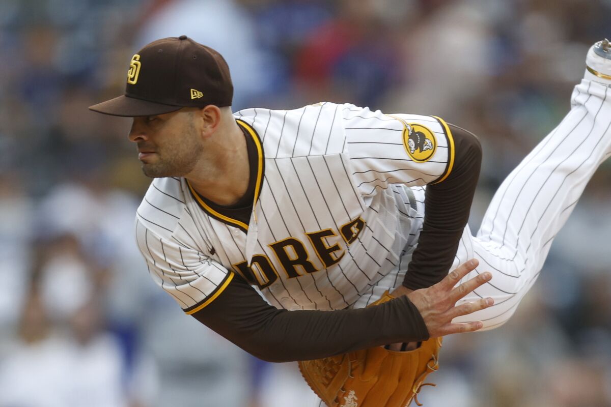 San Diego Padres starting pitcher Nick Martinez delivers against the Dodgers on Friday.