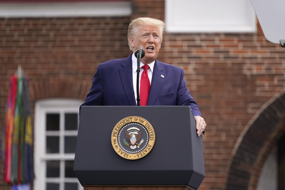 President Trump speaks during a Memorial Day ceremony at Fort McHenry National Monument and Historic Shrine in Baltimore on Monday.