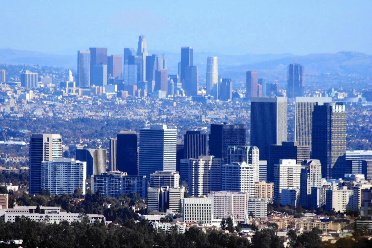 The Century City skyline, where several of L.A.’s best and newest office towers stand, is seen in the foreground in 2008.