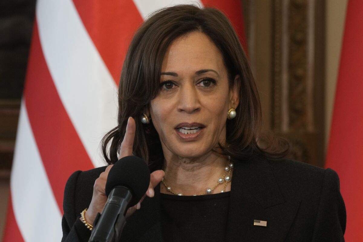 US Vice President Kamala Harris speaks during a press conference in Warsaw.