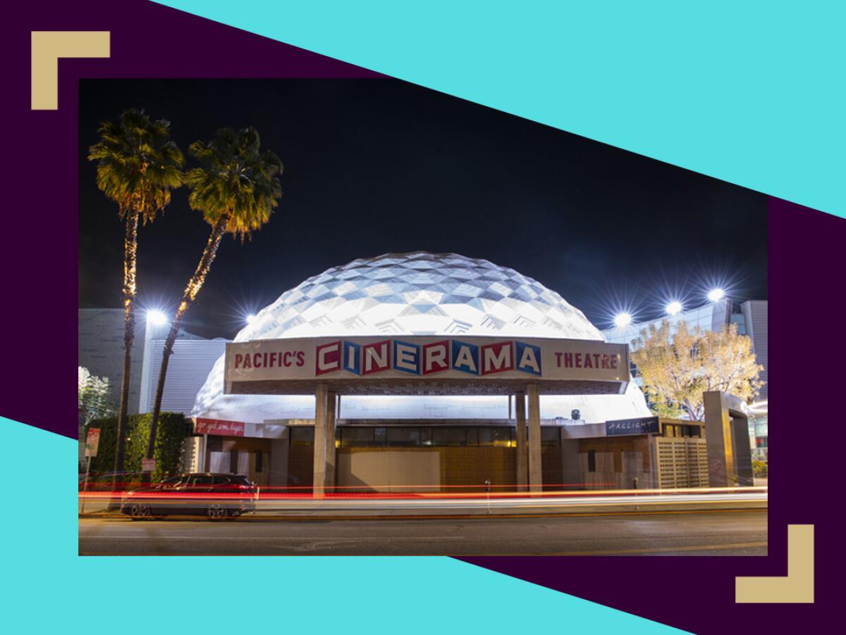 Traffic blurs by a boarded-up Cinerama Dome of the ArcLight Cinemas on Sunset Blvd.